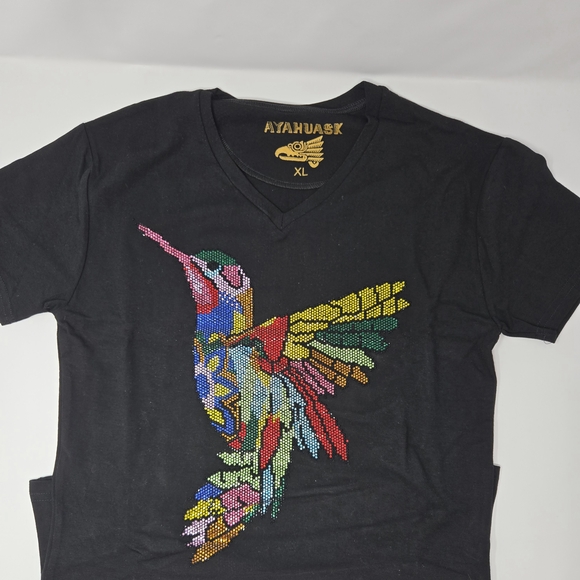 Tops - Black T-Shirt with Colorful Hummingbird Design With Rhinestones